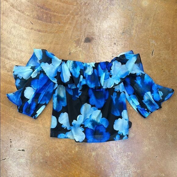 Off-Shoulder Blue Floral Blouse - Picture 1 of 6